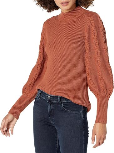 Cable Stitch Women's Cable Sleeve Ribbed Sweater - Mock Neck Long Blouson Lantern Sleeve Pullover Top in Kuwait