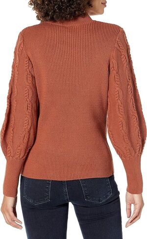 Cable Stitch Women's Cable Sleeve Ribbed Sweater - Mock Neck Long Blouson Lantern Sleeve Pullover Top in Kuwait