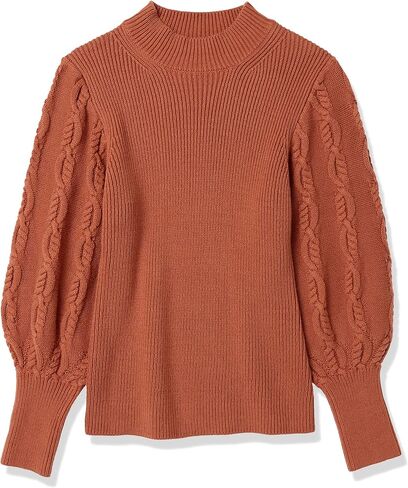 Cable Stitch Women's Cable Sleeve Ribbed Sweater - Mock Neck Long Blouson Lantern Sleeve Pullover Top in Kuwait