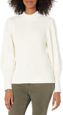 Cable Stitch Women's Cable Sleeve Ribbed Sweater - Mock Neck Long Blouson Lantern Sleeve Pullover Top in Kuwait