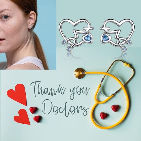 خاتم من الفضة الإسترلينية عيار 925 بتصميم ضربات القلب / أقراط ممرضة على شكل قلب/قلادة بمنظار نبضات القلب مع كريستال مقلد من النمسا، مجوهرات لهدايا ممرضة الطلاب الطبيبة للنساء والفتيات in Kuwait