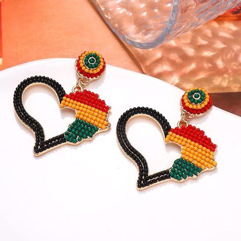 African Earrings Crystal Beaded  Afro Dangle Earrings for Black Women Head Africa Map Heart Dangle Earrings for Women Girls Ethic  Juneteenth Inspired Earrings Jewelry Gift in Kuwait