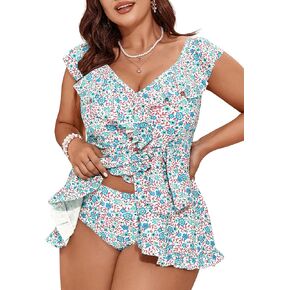 MakeMeChic Women's Plus Size 2 Piece Tankini Set Ditsy Floral V Neck Ruffle Wrap Side Swimsuit Bathing Suit