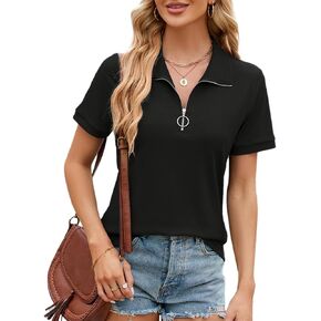 Vidifid Women's Short Sleeve Zipper Laper Collar Polo Shirts Dressy Casual V Neck T Shirt Business Work Blouses