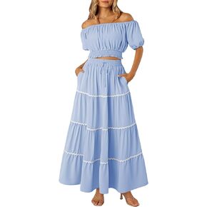 HUUSA 2024 Summer 2 Piece Boho Outfits for Women Short Sleeve Off Shoulder Crop Top and High Waist Flowy Long Skirt Set