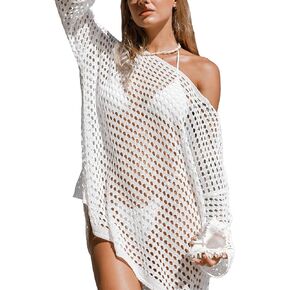 CUPSHE Women's Crochet Cover Up Cutout Drop Shoulder Long Sleeves Pullover Beachwear Bathing Suit 2024