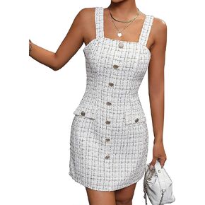 XUGWLKJ Women's Elegant Tweed Dress Square Neck Sleeveless Bodycon Mini Dress with Button Down and Side Pocket