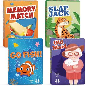 Timenued Card Games Go Fish,Old Maid,Slap Jack and Memory Match- 4 Decks in 1 Pack,Classic Card Games for Kids Ages 4 and up, Family Party Card Games for Kids and Adults,Fun Gifts for Boys and Girls