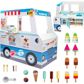 Wooden Play Camper Van Toy Playset w Steering Wheel, Kitchen w Stove, Oven, Bed, Pillow, Pretend Shower, Curtains, Personalization Stickers- Fun Indoor Camping or Travel RV Adventure- Ages 3+