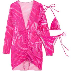SHENHE Women's 3 Piece Marble Print Tie Side Halter Swimsuit Triangle Bikini Sets with Cover Up in Saudi Arabia