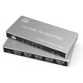 8K HDMI Splitter 1 in 4 Out - 8K@60Hz 4K@120Hz 1x4 HDMI 2.1 Splitter Duplicate/Mirror Any HDMI Signal, 8K Ultra HD, EARC, HDCP 2.3, HDR, VRR, EDID, for TV/Monitor/Fire Stick/ PS5 PS4/ Xbox/Player