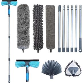 مجموعة منفضة 6 في 1، ممسحة نافذة مع منظف، يصل ارتفاعها إلى 15 قدمًا عند حملها، فرشاة شبكة العنكبوت منفضة السقف عالية لتنظيف النوافذ العالية، مروحة السقف، السقف الداخلي، الجدران، السقف in Kuwait
