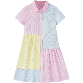 Floerns Girl's Colorblock Rainbow Striped Print Button Front Ruffle Trim Dress