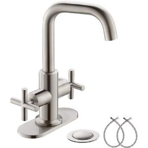 Phiestina Brushed Gold 2-Handle 4 Inch Centerset Single Hole Bathroom Faucet with Drain,Deck Plate and Supply Hoses, Fit for 1 or 3 Hole, SGF002-10-BG
