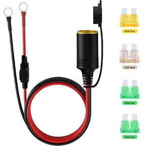 MNJ MOTOR 8FT 12V/24V Cigarette Lighter Socket Extension Cable, Waterproof Car Female Cigarette Lighter Plug to 0.33" Ring Eyelet Terminals, 12AWG Battery Boost Cord with 30A 25A 20A Fuses