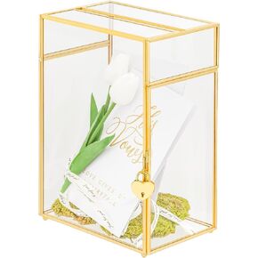 NCYP Glass Cards Box with Slot and Lock for Wedding Reception - 8" x 5.5" x 11.3" - Home Birthdays Party Tabletop Decor, Gold, Clear Envelopes Terrarium (Card Box Only)
