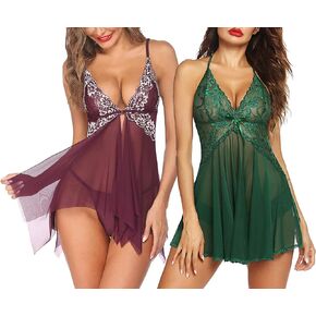 Avidlove Lingerie for Women Lace Babydoll Halter Chemise V Neck Nightwear Chemise Nightie(Dark Green,Lilac,L)