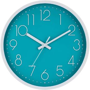 12 Inch Modern Wall Clock, Silent Non-Ticking Decorative Battery Operated Wall Clocks for Living Room, Office, Bathroom, Kitchen, Thicken Plastics Frame Glass Cover (Cyan)