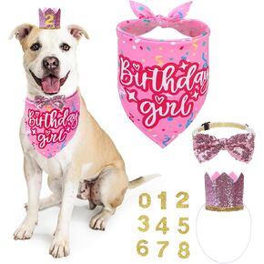 KOOLTAIL Dog Birthday Party Supplies Bandana Girl with Hat and Numbers, Multi Sizes Dog Scarf,Dog Birthday Outfit Set,Cute Adjustable Dog Bow Tie Collar for Small Medium Large Dogs Pets Puppy, Pink S