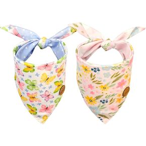 CROWNED BEAUTY Spring Dog Bandanas Reversible Large 2 Pack, Butterfly Blooms Set, Floral Plaid Adjustable Triangle Holiday Scarves for Medium Large Extra Large Dogs Pets DB108-L