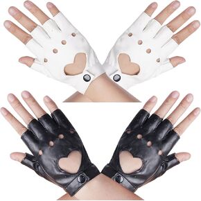 زوجان من القفازات النسائية المصنوعة من جلد البولي يوريثان بفتحة على شكل قلب لأزياء الهالوين والرقص والأداء واللون الأسود والأبيض in Kuwait