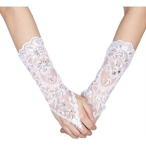 Zerodis Bride Wedding Gloves, Vintage Style Long Fingerless Lace Rhinestone Gloves Women Elegant Accessory