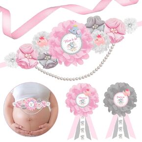 JOYMEMO Blue and Gray Elephant Baby Shower Maternity Sash Kit - Flower Baby Shower Belly Belt and Mom To Be & Dad To Be Corsage Pins, Pregnancy Sash Parents Baby Boy Party Supplies
