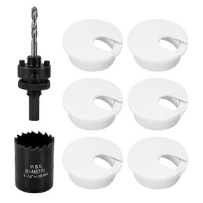 Desk Grommet 1-3/8 Inch, Plastic White Desk Grommet with Bi-Metal Hole Saw Drill Bits, Desk Hole Grommet Desk Wire Management Cable Hole Cover Grommet Kit- 6 Pcs, White