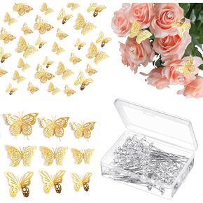 308 Pcs Flower Bouquet Corsages Pins 200 Pcs Diamond Corsages Pins and 108 Pcs 3D Gold Butterfly Sticker for Bouquet Wedding Valentine's Day Mother's Day Birthday Party Supplies (3 Sizes) in Kuwait