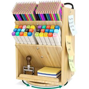 ملحقات تخزين منظم مكتب الخيزران - 13 حجرة كبيرة جدًا، سعة حامل أقلام الرصاص أكثر من 1000، تجميع سهل DIY، منظم سطح المكتب الدوار، مستحضرات التجميل واللوازم المكتبية in Kuwait