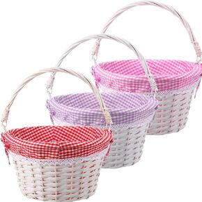 3 Pieces Easter Basket Handmade Woven Easter Eggs Hunt Basket Wicker Basket with Handle and Fabric Cotton Linen for Easter Party, Gift, Baby's First Egg Hunt, 7.8 x 11.8 x 6.5 inches