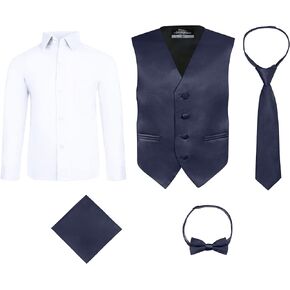 S.H. Churchill & Co. Boys Navy 5 Piece Vest Set with White Dress Shirt - Includes Bow Tie, Long Tie, Pocket Hanky - Size 8