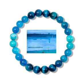 POZANKI Triple Protection Natural Gemstone Healing Crystal Artistic Chakra Bracelet, 8mm Tiger Eye Brazilian Amazonite Apatite Handmade Stretch Yoga Beaded Bracelet, Nocturne, Blue and Silver Chelsea