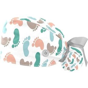 Podery 2 Packs Surgery Cap with Sweatband, Breathable Bouffant Hats Long Hair, Adjustable Nurse Scrub Caps Baby Footprints Pattern Green Blue, Multicoloured 7, Medium-3X-Large