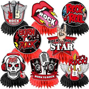 8 Pcs Rock And Roll Party Decorations, Rock And Roll Decor 3D Double Side Honeycomb Centerpieces, Born To Rock Party Decorations, Rock And Roll Decorations for Table