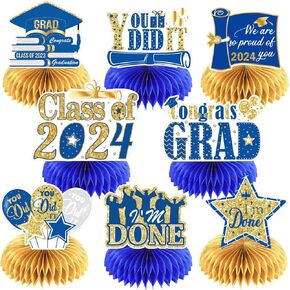 8 PCS Graduation Centerpieces for Tables 2024, JULMELON Graduation Party Decorations Congrats Grad Honeycomb Centerpieces Table Toppers (Blue and Gold)