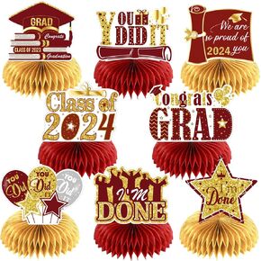 8 PCS Graduation Centerpieces for Tables 2024, JULMELON Graduation Party Decorations Congrats Grad Honeycomb Centerpieces Table Toppers (Blue and Gold)
