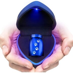 YIMSGO Small Pet Urns for Dogs Ashes, Mini Cat Urn for Ashes Keepsake, Tiny Cremation Animal Memorial Necklace ERN Earns Urnas Loss of Dog Cat Gifts, Pet Paw Print Urn - Heart Box with Blue Light