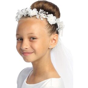 Swea Pea & Lili 24" White Veil w/Organza & Crystal Flowers w/Satin Bows At The Back,Medium