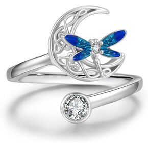 Dragonfly Adjustable Ring 925 Sterling Silver Open Celtic Moon Rings Irish Dragonfly Jewelry Gifts for Women Girls