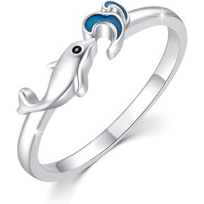 TUGHRA Wave Ring Sterling Silver Dolphin Rings Adjustable Ring Open Rings Ocean Animal Jewelry Gifts for Women Girls
