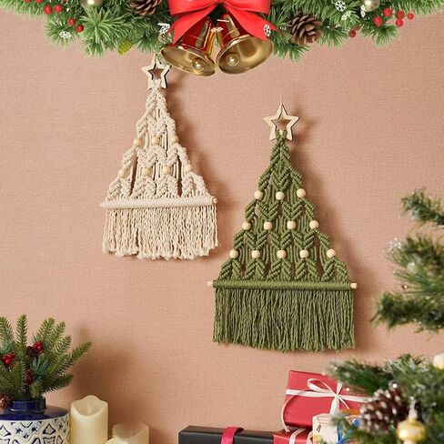 2 قطعة شجرة عيد الميلاد DIY عدة، مكرامية مع الخرز الخشبي بوهو ديكور عيد الميلاد شنقا الحلي لعطلة الجدار شنقا، اصنع بنفسك مجموعة شجرة عيد الميلاد Bohe DIY للمبتدئين in Kuwait