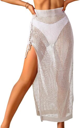 ZAFUL Women's Swimsuit Cover Up Crochet Sheer Knit Side Slit Maxi Beach Skirt Sarong in Kuwait