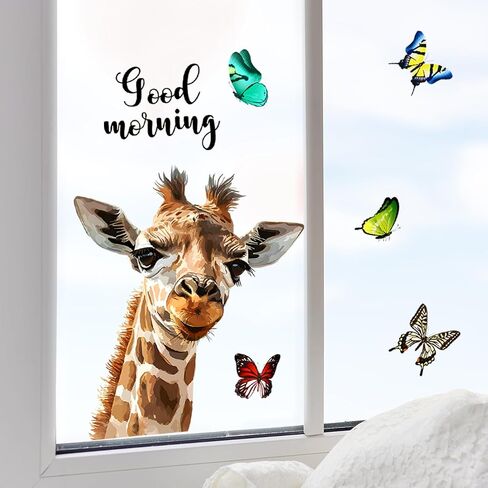 Supzone Cartoon Giraffe Window Clings Realistic Good Morning Giraffe Butterfly Window Decals Reusable Anti-Collision Double-Side Window Sticker for Living Room Bedroom Window Glass Door Decoration in Saudi Arabia