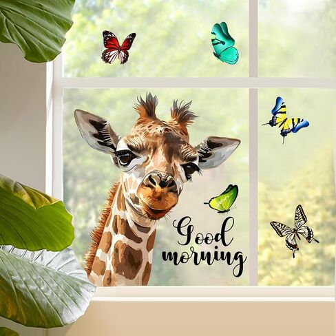 Supzone Cartoon Giraffe Window Clings Realistic Good Morning Giraffe Butterfly Window Decals Reusable Anti-Collision Double-Side Window Sticker for Living Room Bedroom Window Glass Door Decoration in Saudi Arabia
