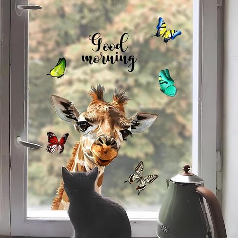 Supzone Cartoon Giraffe Window Clings Realistic Good Morning Giraffe Butterfly Window Decals Reusable Anti-Collision Double-Side Window Sticker for Living Room Bedroom Window Glass Door Decoration in Saudi Arabia