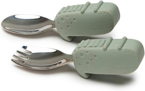 طبق وجبات خفيفة من السيليكون للأطفال الصغار من Loulou Lollipop، مجموعة شوكة وملعقة تعليمية (أرنب) in Kuwait