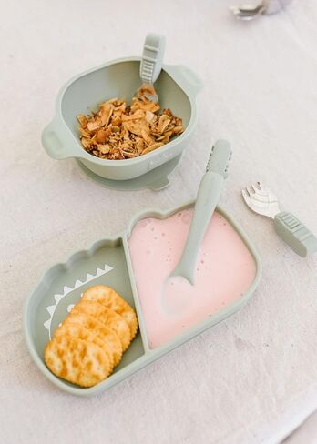 طبق وجبات خفيفة من السيليكون للأطفال الصغار من Loulou Lollipop، مجموعة شوكة وملعقة تعليمية (أرنب) in Kuwait