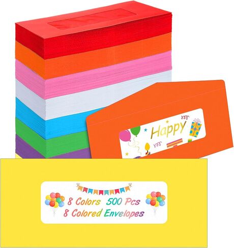 500 Pcs Window Gift Card Envelopes 4 1/8" x 9 1/2" Gift Card Sleeves #10 Colored Envelopes with Clear Window for Gift Cards, Business Cards, Key Cards, and More, 8 Colors in Saudi Arabia