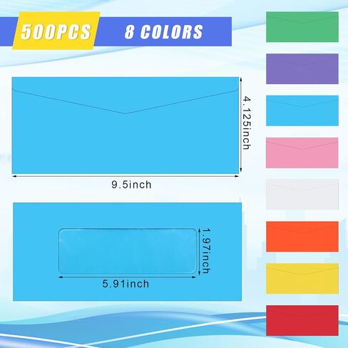 500 Pcs Window Gift Card Envelopes 4 1/8" x 9 1/2" Gift Card Sleeves #10 Colored Envelopes with Clear Window for Gift Cards, Business Cards, Key Cards, and More, 8 Colors in Saudi Arabia